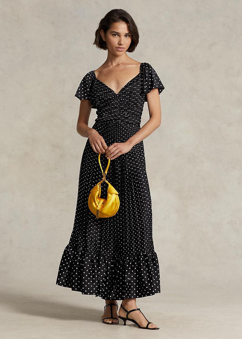 Vestidos Polo Ralph Lauren Mujer Polka-Dot Flutter-Sleeve Satin Maxi Chile Negras DGANH-9610